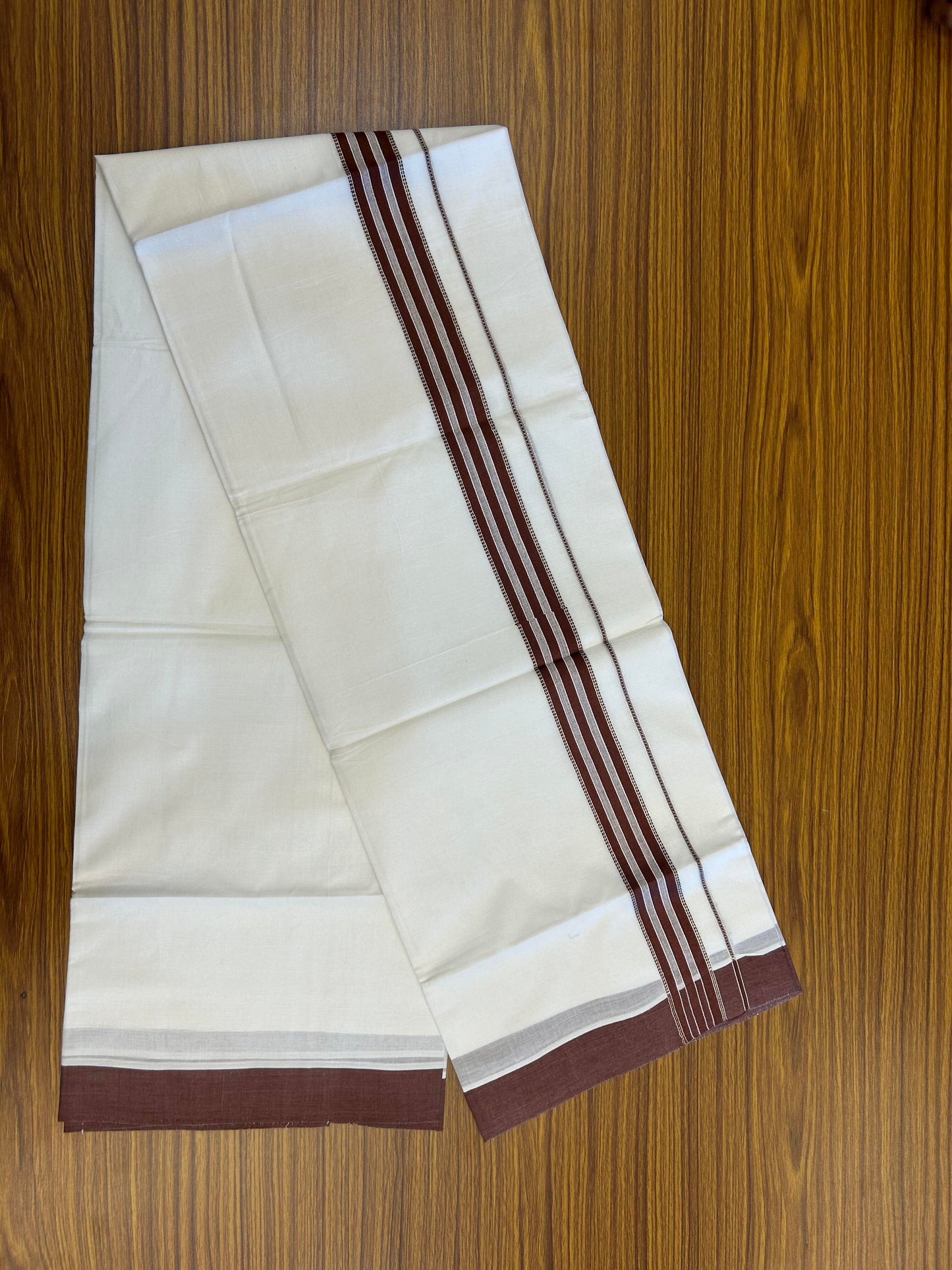 20% Discount ! Kaitharikada Balaramapuram 100% Cotton Pure White Double Mundu/Dothi - 100x80 - 1.5 inch Silver Kasav & Walnut Brown Striped Kara 3.90 m (8 muzham) - 75 KK5364 MC