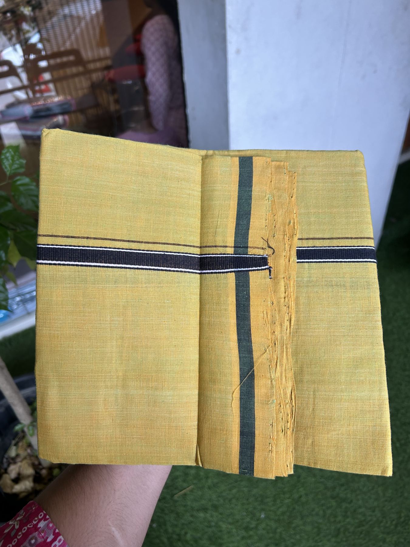 Handloom Single Hallmarked - 10% Discount !! KaithariKada 100% Pure Cotton - Mundu/Dhoti Dark Mustard Yellow Body & 1.5 cm Black & White Stripes  Kara - (2 meter / 4 muzham) - 5 KK8044 ELA