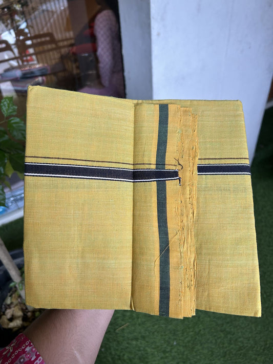 Handloom Single Hallmarked - 10% Discount !! KaithariKada 100% Pure Cotton - Mundu/Dhoti Dark Mustard Yellow Body & 1.5 cm Black & White Stripes  Kara - (2 meter / 4 muzham) - 5 KK8044 ELA