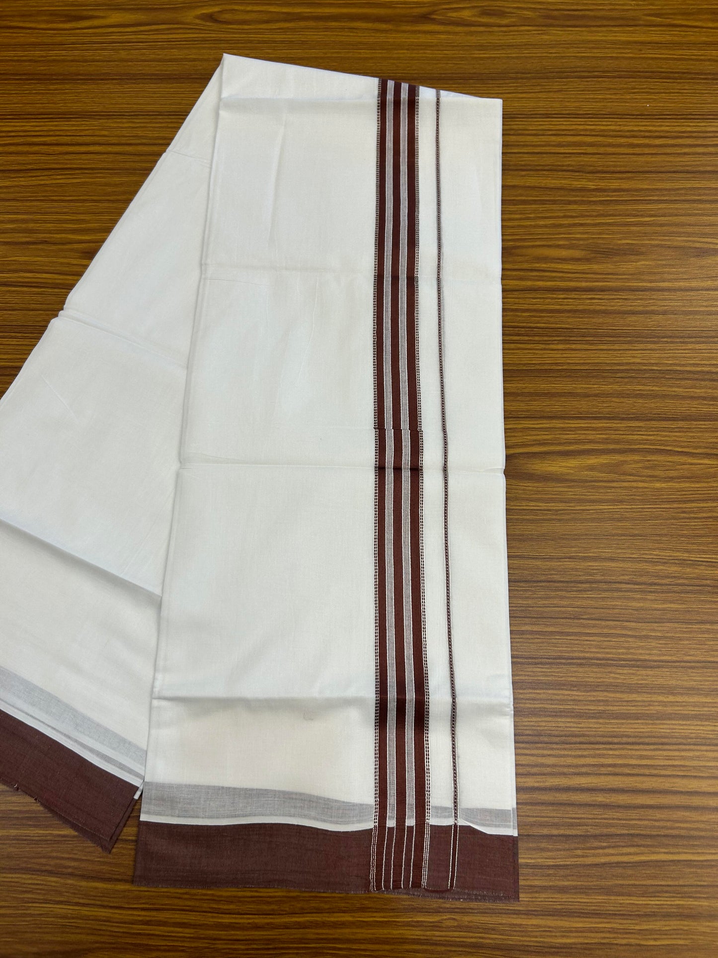 20% Discount ! Kaitharikada Balaramapuram 100% Cotton Pure White Double Mundu/Dothi - 100x80 - 1.5 inch Silver Kasav & Walnut Brown Striped Kara 3.90 m (8 muzham) - 75 KK5364 MC