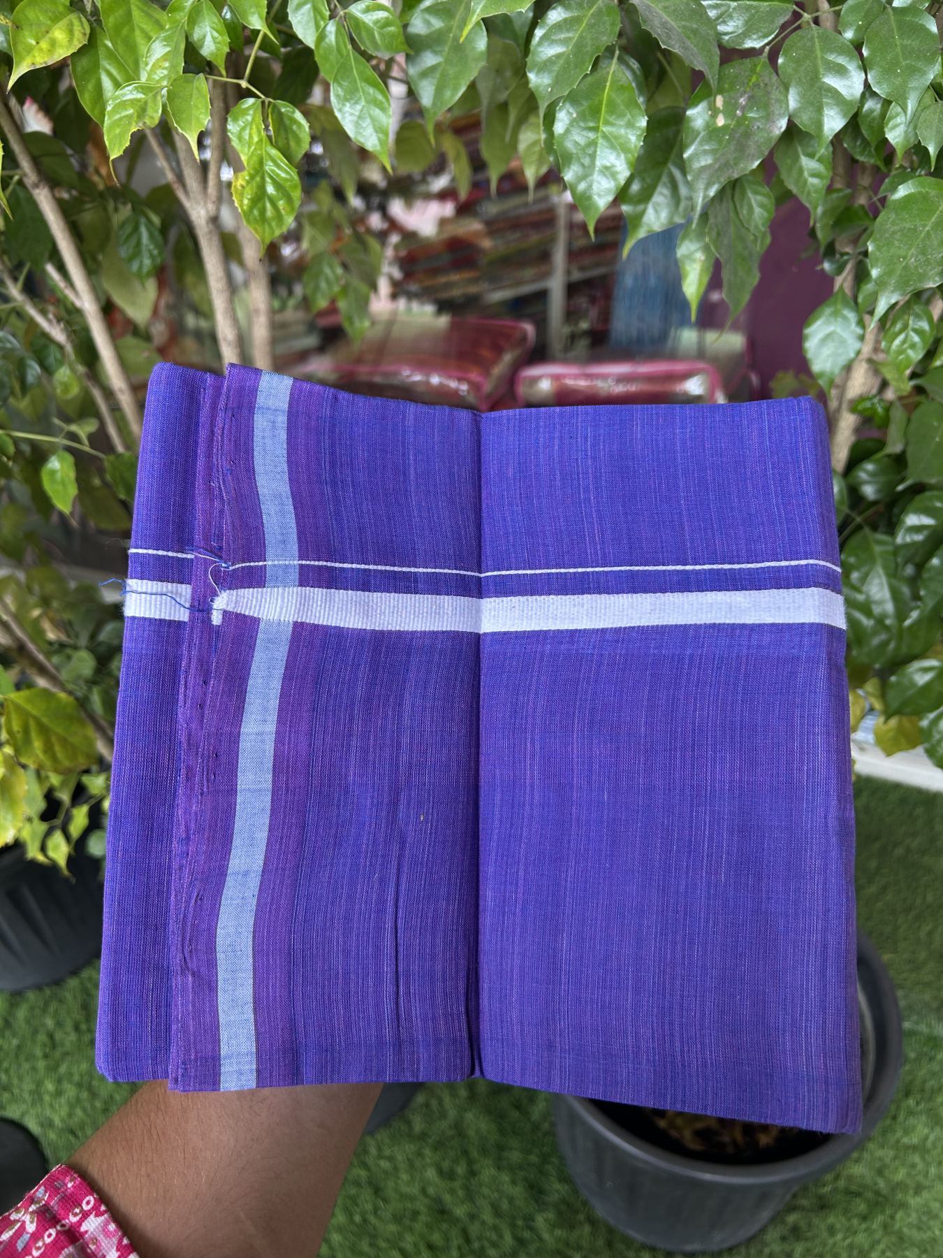 Handloom Single Hallmarked - 10% Discount !! KaithariKada 100% Pure Cotton - Mundu/Dhoti Violet Body & 1.5 cm White Stripes Kara - (2 meter / 4 muzham) - 10 KK8044 ELA