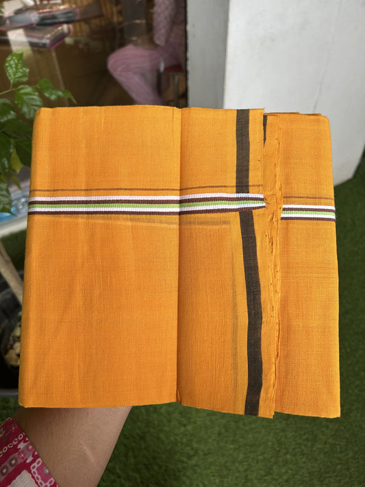 Handloom Single Hallmarked - 10% Discount !! KaithariKada 100% Pure Cotton - Mundu/Dhoti 1 cm Brown Green Kara with Light Orange colour Body - (2 meter / 4 muzham) - 25 KK8044 ELA