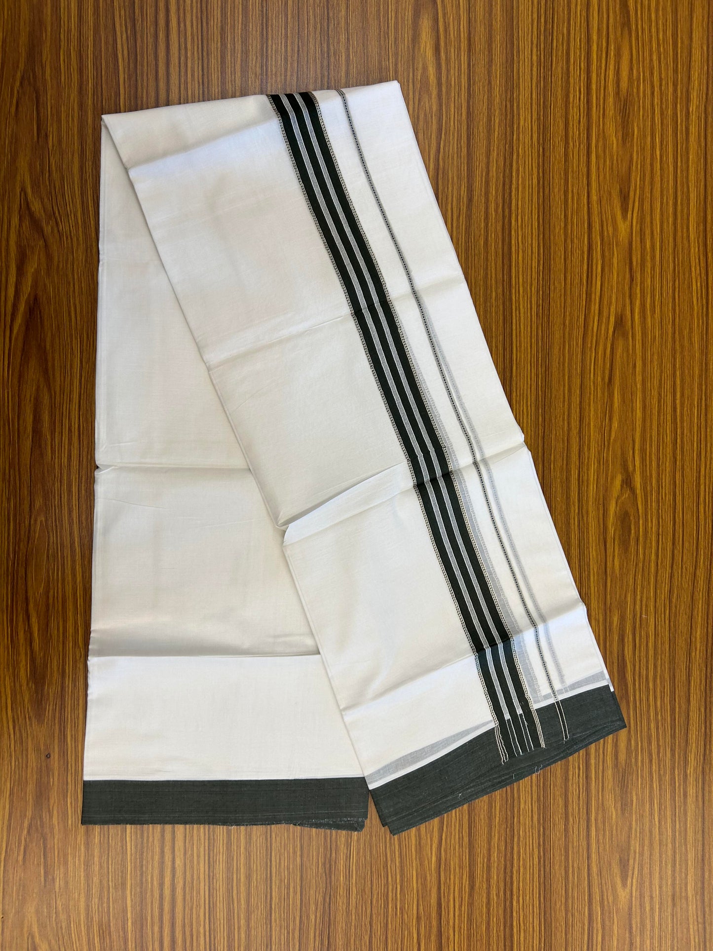 20% Discount ! Kaitharikada Balaramapuram 100% Cotton Pure White Double Mundu/Dothi - 100x80 - 1.5 inch Silver Kasav & Dark Pine Green Striped Kara 3.90 m (8 muzham) - 72 KK5364 MC