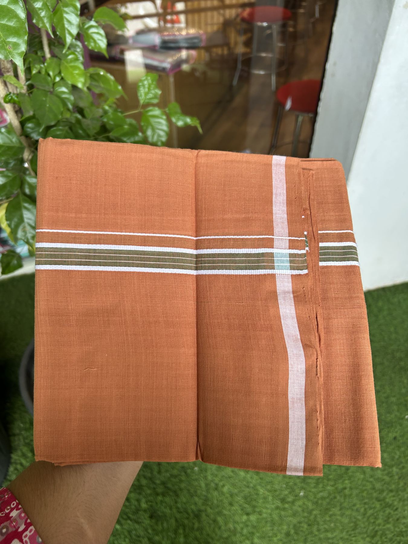 Handloom Single Hallmarked - 10% Discount ! KaithariKada 100% Pure Cotton - Mundu/Dhoti 0.5 inch Olive Green & White Kara with Kavi colour Body - (2 meter / 4 muzham) - 60 KK8044 ELA