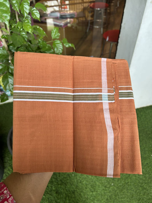 Handloom Single Hallmarked - 10% Discount ! KaithariKada 100% Pure Cotton - Mundu/Dhoti 0.5 inch Olive Green & White Kara with Kavi colour Body - (2 meter / 4 muzham) - 60 KK8044 ELA