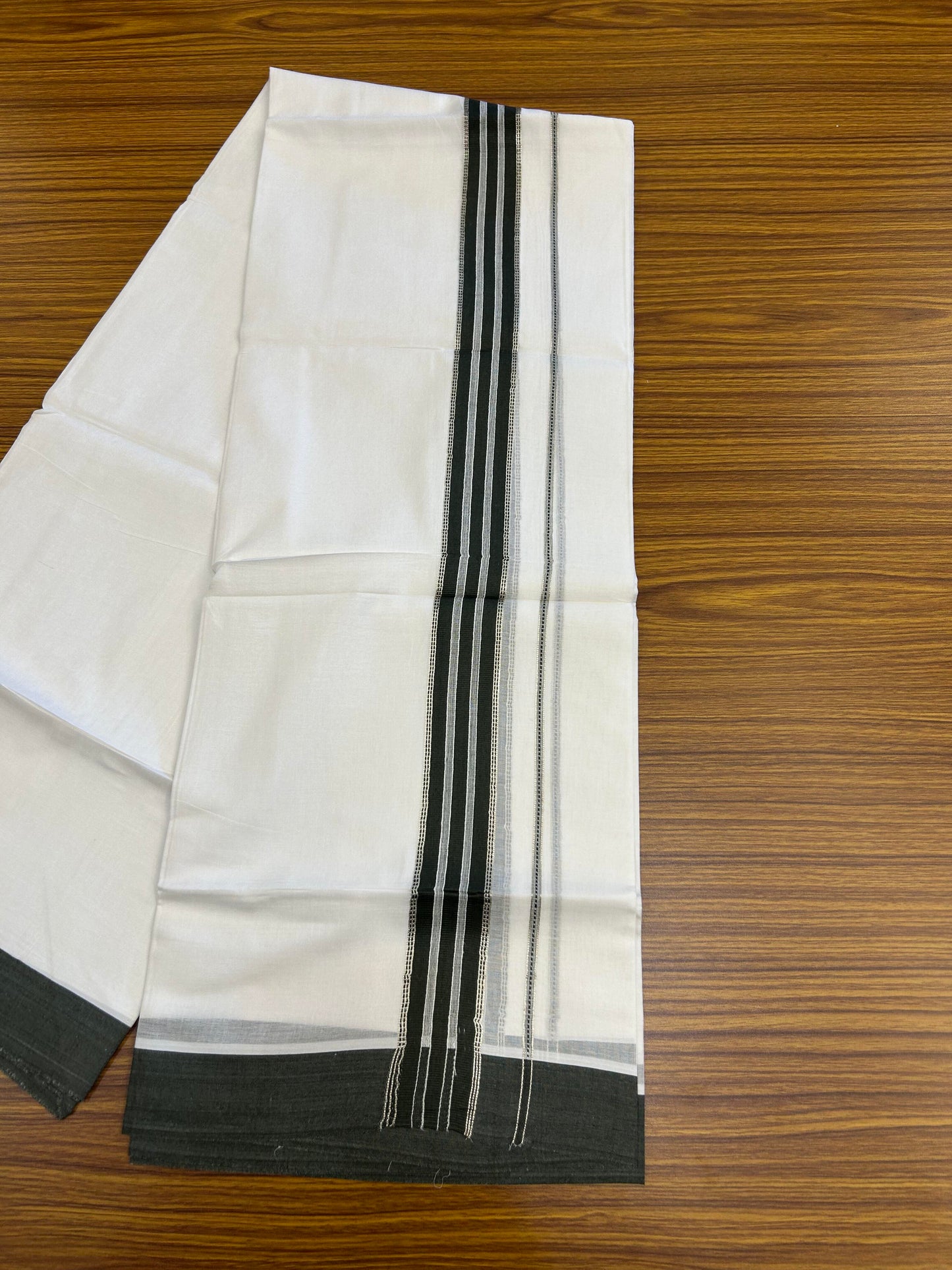 20% Discount ! Kaitharikada Balaramapuram 100% Cotton Pure White Double Mundu/Dothi - 100x80 - 1.5 inch Silver Kasav & Dark Pine Green Striped Kara 3.90 m (8 muzham) - 72 KK5364 MC