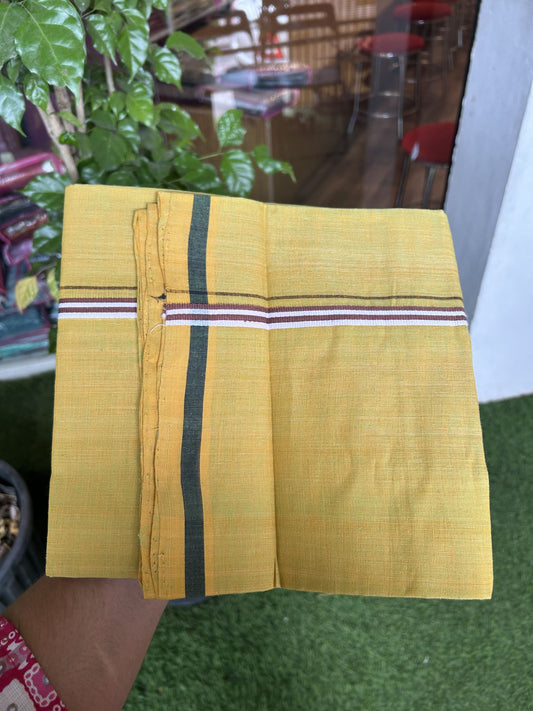 Handloom Single Hallmarked - 10% Discount !! KaithariKada 100% Pure Cotton - Mundu/Dhoti Dark Mustard Yellow Body & 1.5 cm Black & Brown Stripes Kara - (2 meter / 4 muzham) - 6 KK8044 ELA
