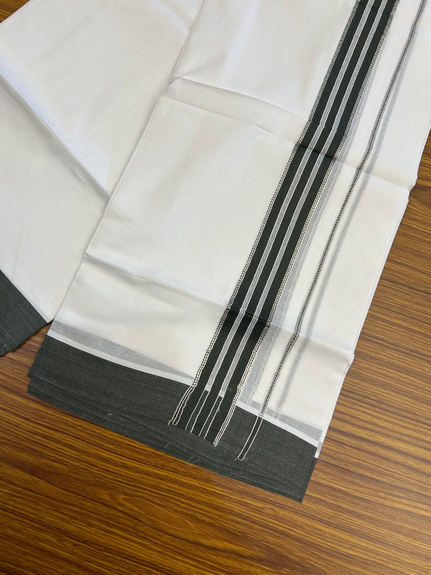 20% Discount ! Kaitharikada Balaramapuram 100% Cotton Pure White Double Mundu/Dothi - 100x80 - 1.5 inch Silver Kasav & Dark Pine Green Striped Kara 3.90 m (8 muzham) - 72 KK5364 MC