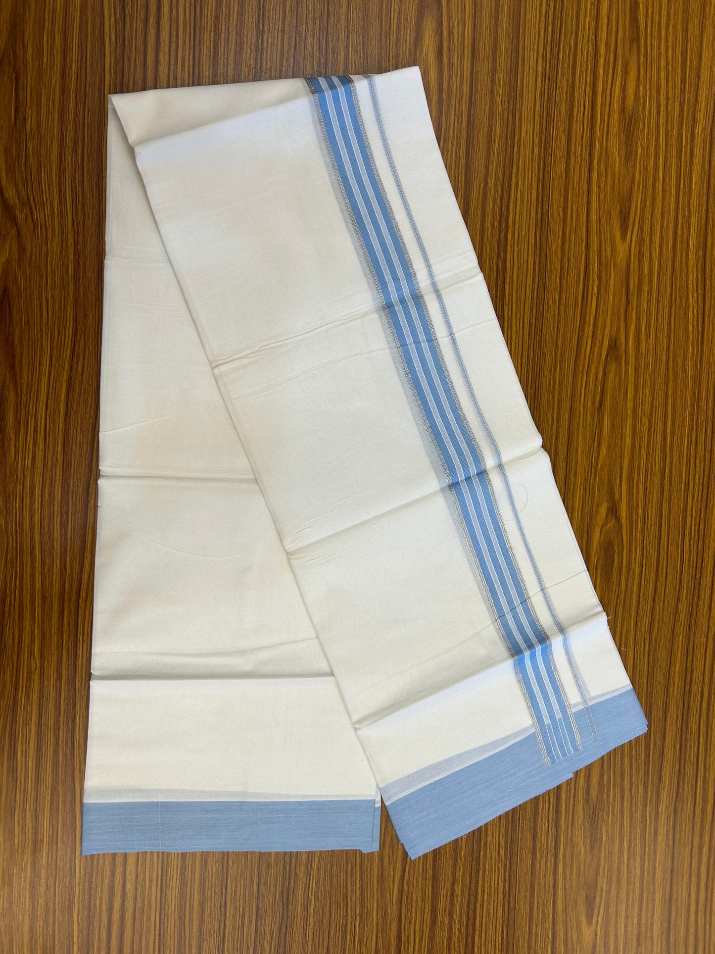 20% Discount ! Kaitharikada Balaramapuram 100% Cotton Pure White Double Mundu/Dothi - 100x80 - 1.25 inch Silver Kasav & Light Blue Striped Kara 3.90 m (8 muzham) - 63 KK5364 MC