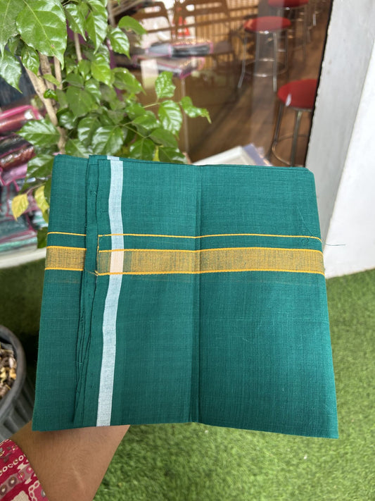Handloom Single Hallmarked - 10% Discount !! KaithariKada 100% Pure Cotton - Mundu/Dhoti Dark Green Body & 2 cm Light Orange Kara - (2 meter / 4 muzham)- 1 KK8044 ELA