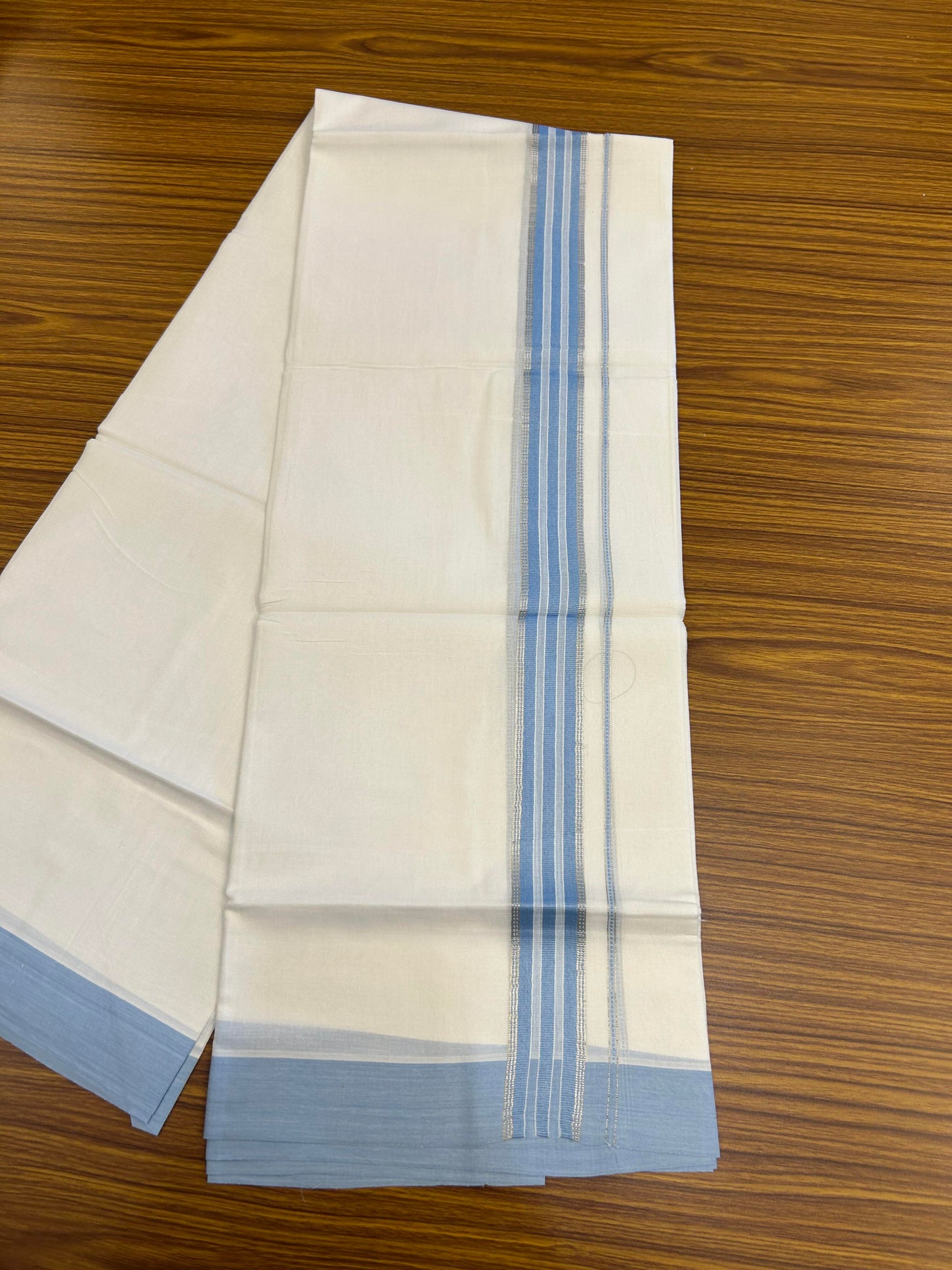 20% Discount ! Kaitharikada Balaramapuram 100% Cotton Pure White Double Mundu/Dothi - 100x80 - 1.25 inch Silver Kasav & Light Blue Striped Kara 3.90 m (8 muzham) - 63 KK5364 MC