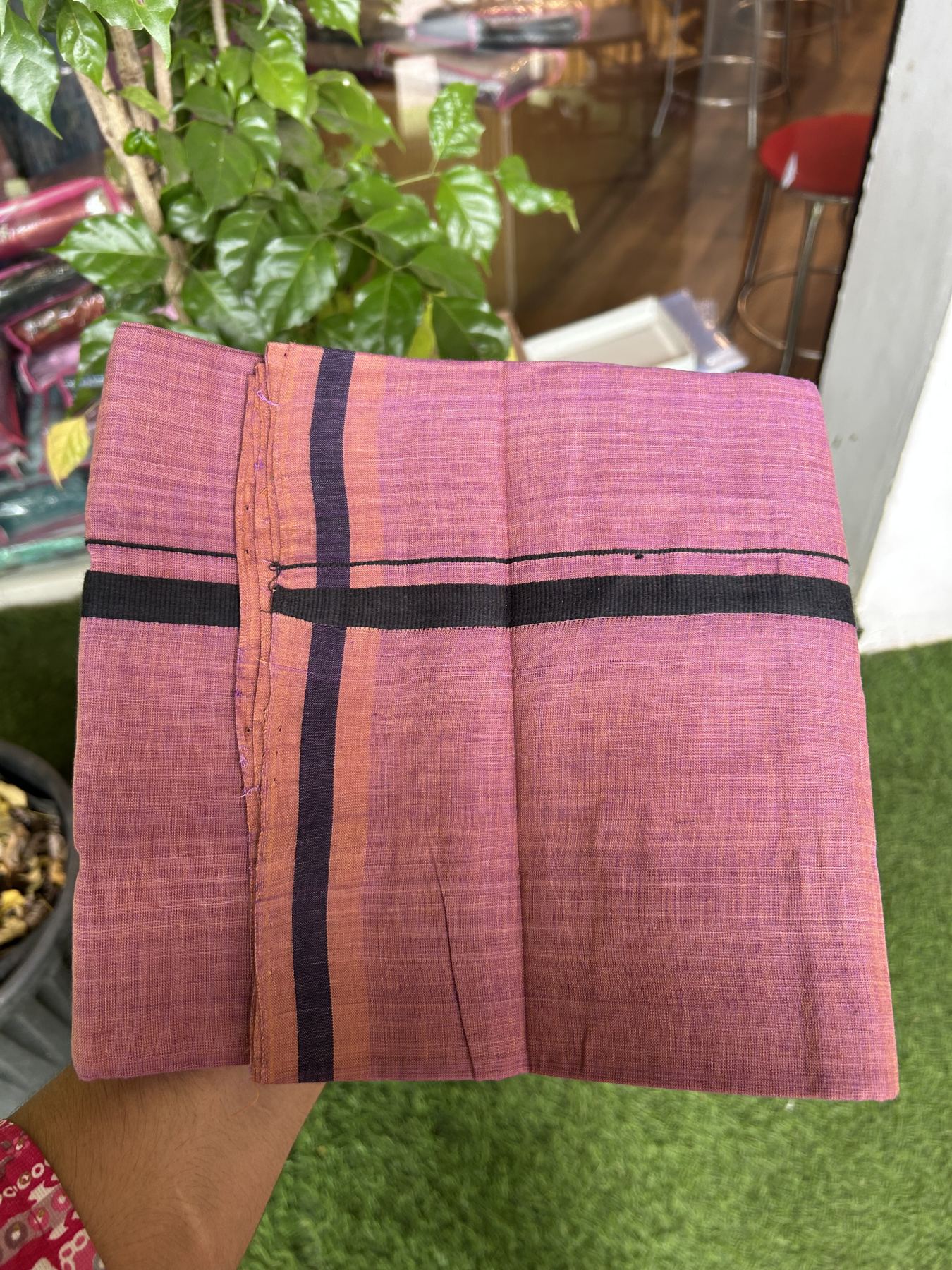 Handloom Single Hallmarked - 10% Discount !! KaithariKada 100% Pure Cotton - Mundu/Dhoti Deep Ruby Body & 1.5 cm Black Kara - (2 meter / 4 muzham)- 2 KK8044 ELA