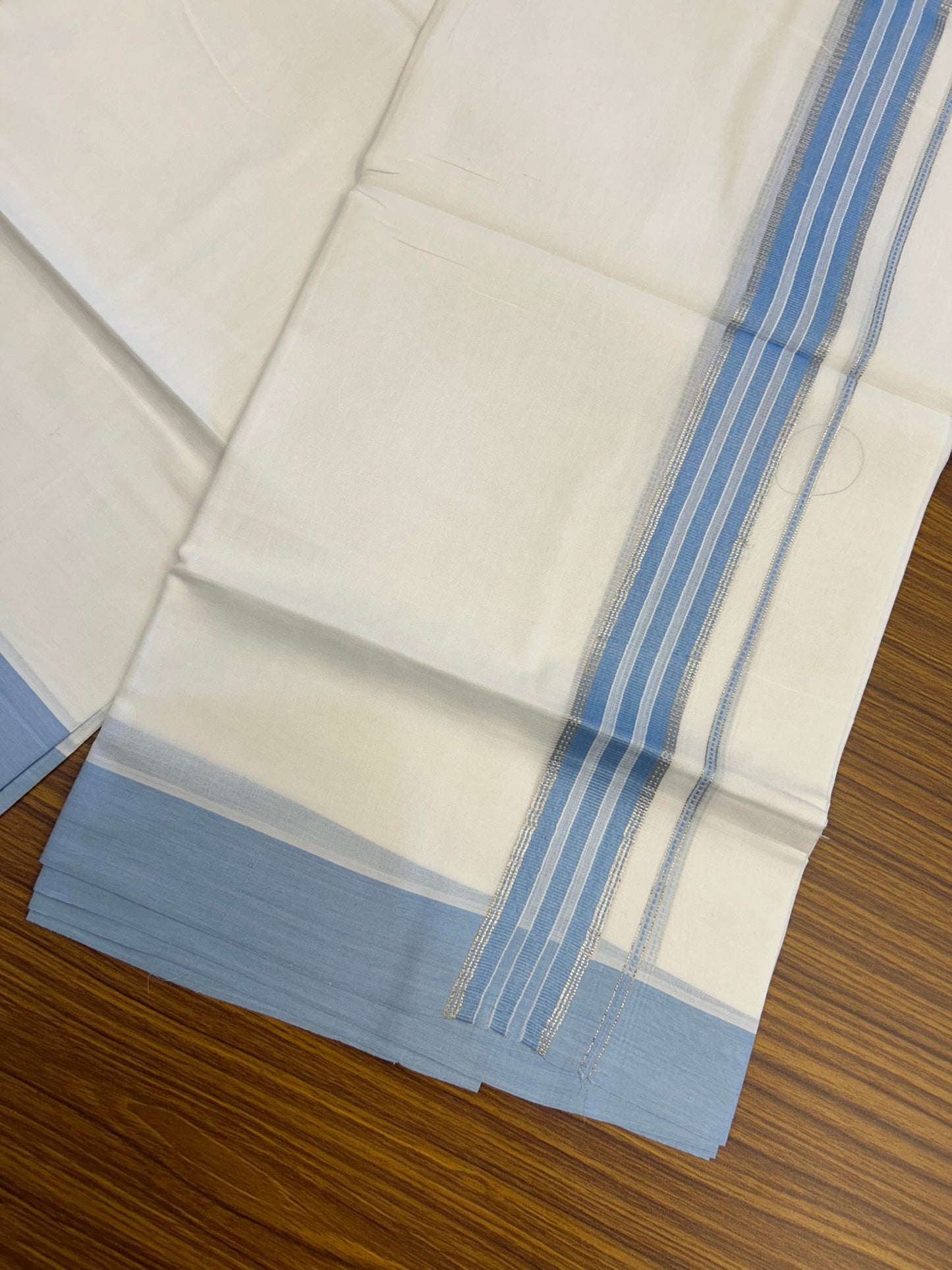 20% Discount ! Kaitharikada Balaramapuram 100% Cotton Pure White Double Mundu/Dothi - 100x80 - 1.25 inch Silver Kasav & Light Blue Striped Kara 3.90 m (8 muzham) - 63 KK5364 MC
