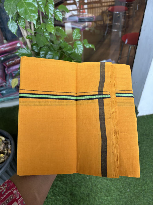 Handloom Single Hallmarked - 10% Discount !! KaithariKada 100% Pure Cotton - Mundu/Dhoti 1 cm Black Green Kara with Light Orange colour Body - (2 meter / 4 muzham) - 22 KK8044 ELA
