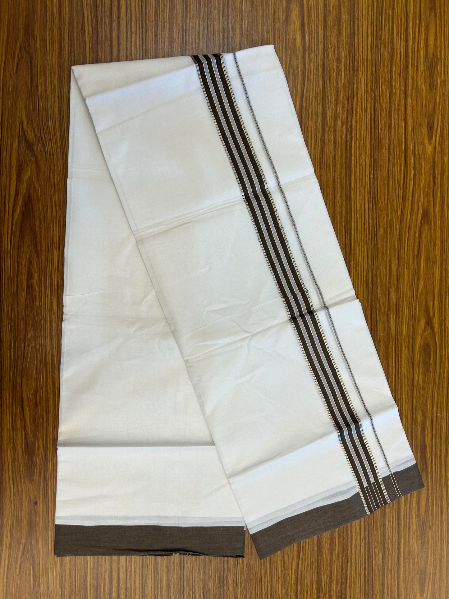 20% Discount ! Kaitharikada Balaramapuram 100% Cotton Pure White Double Mundu/Dothi - 100x80 - 1.5 inch Silver Kasav & Olive Brown Striped Kara 3.90 m (8 muzham) - 76 KK5364 MC
