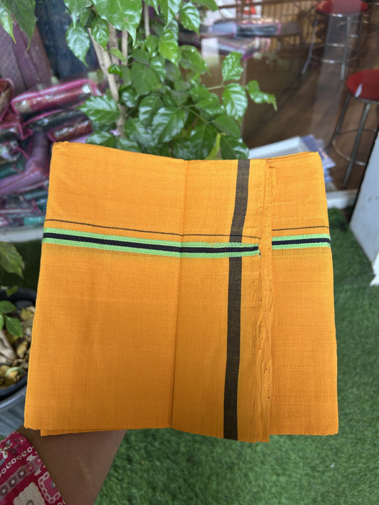 Handloom Single Hallmarked - 10% Discount !! KaithariKada 100% Pure Cotton - Mundu/Dhoti 1 cm Black Green Kara with Light Orange colour Body - (2 meter / 4 muzham) - 21 KK8044 ELA