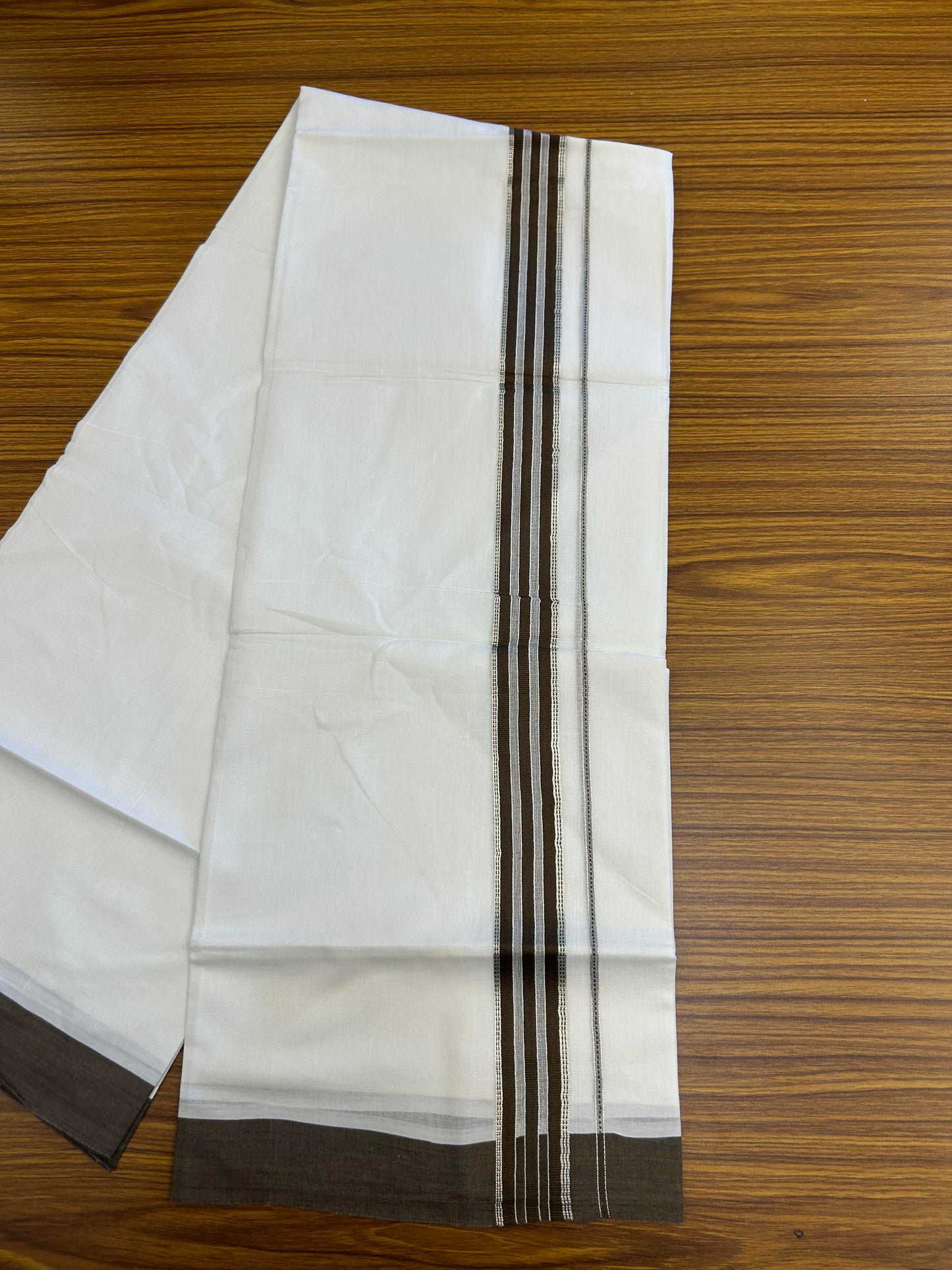 20% Discount ! Kaitharikada Balaramapuram 100% Cotton Pure White Double Mundu/Dothi - 100x80 - 1.5 inch Silver Kasav & Olive Brown Striped Kara 3.90 m (8 muzham) - 76 KK5364 MC
