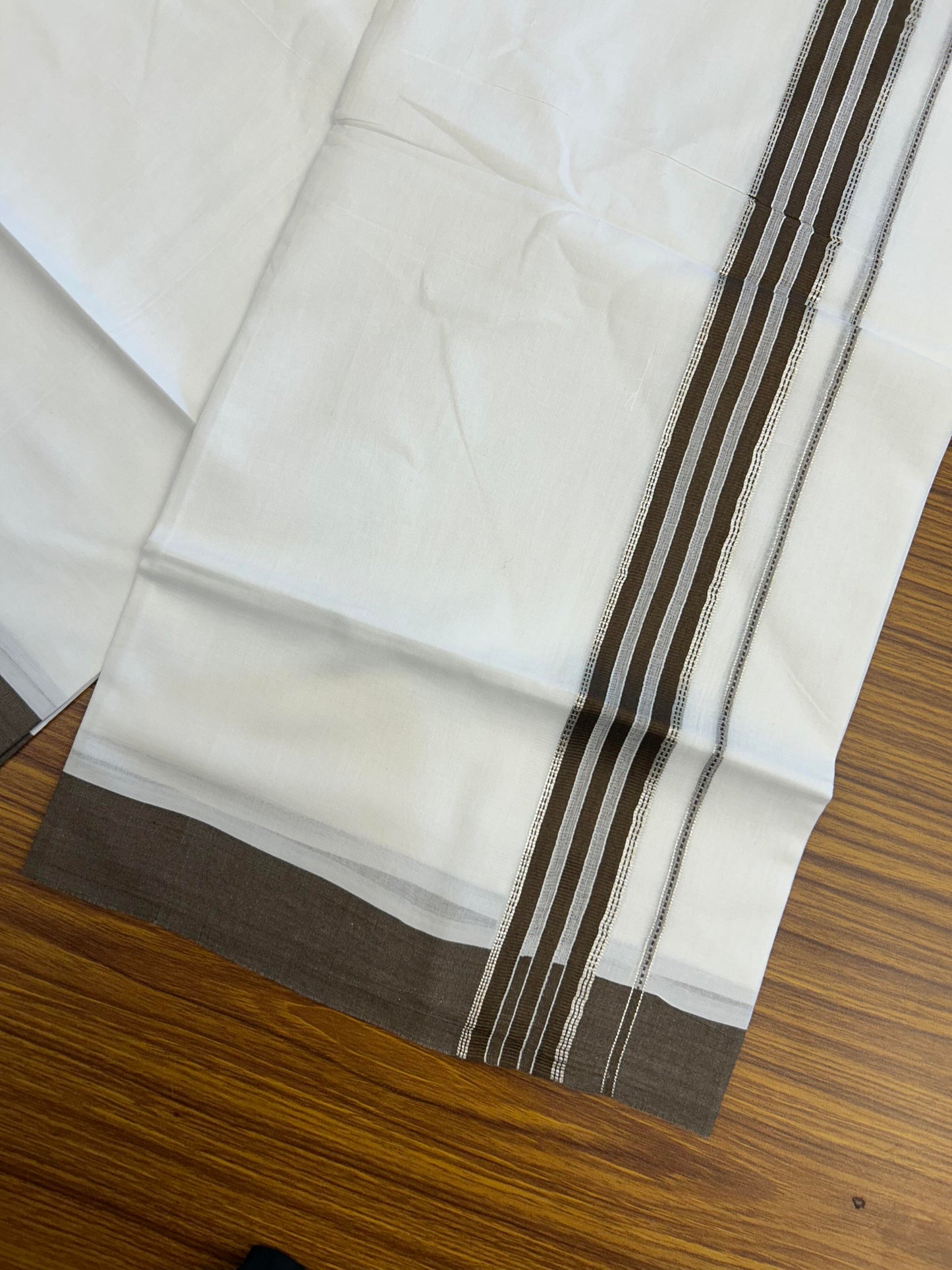 20% Discount ! Kaitharikada Balaramapuram 100% Cotton Pure White Double Mundu/Dothi - 100x80 - 1.5 inch Silver Kasav & Olive Brown Striped Kara 3.90 m (8 muzham) - 76 KK5364 MC