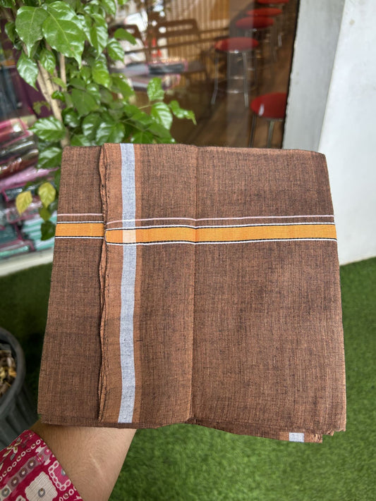 Handloom Single Hallmarked - 10% Discount ! KaithariKada 100% Pure Cotton - Mundu/Dhoti 0.5 inch Light Orange & Black white striped kara with Brown colour Body - (2 meter / 4 muzham) - 87 KK8044 ELA