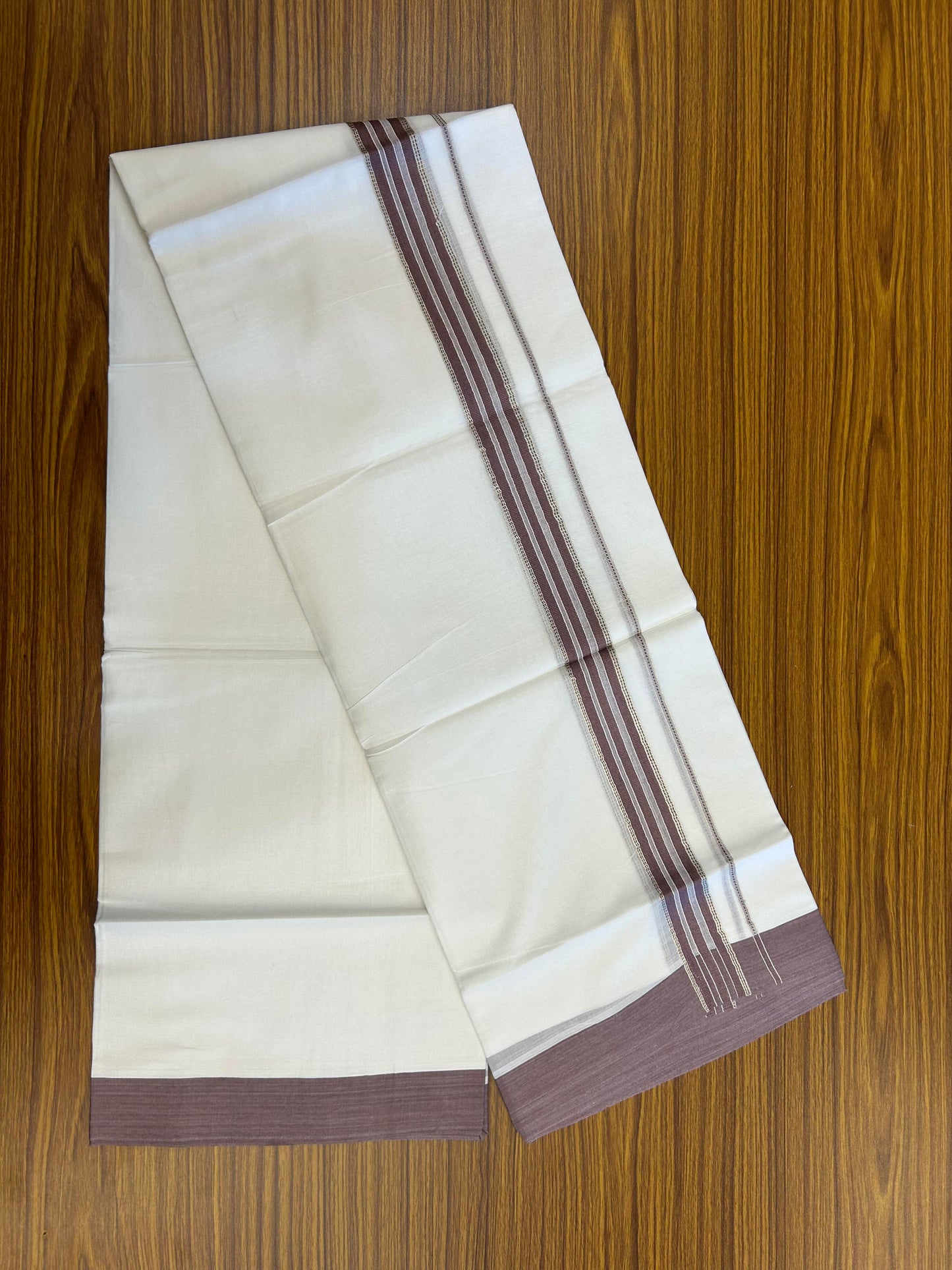 20% Discount ! Kaitharikada Balaramapuram 100% Cotton Pure White Double Mundu/Dothi - 100x80 - 1.5 inch Silver Kasav & Purple Brown Striped Kara 3.90 m (8 muzham) - 71 KK5364 MC