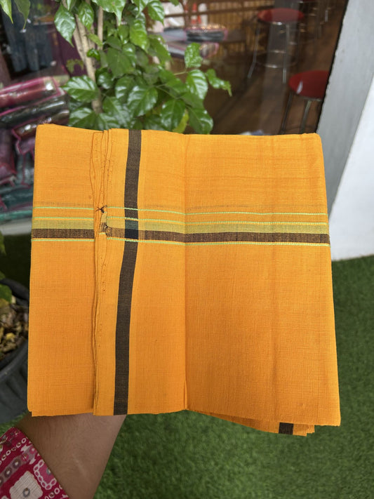 Handloom Single Hallmarked - 10% Discount !! KaithariKada 100% Pure Cotton - Mundu/Dhoti 2 cm Black Green Kara with Light Orange colour Body - (2 meter / 4 muzham) - 26 KK8044 ELA