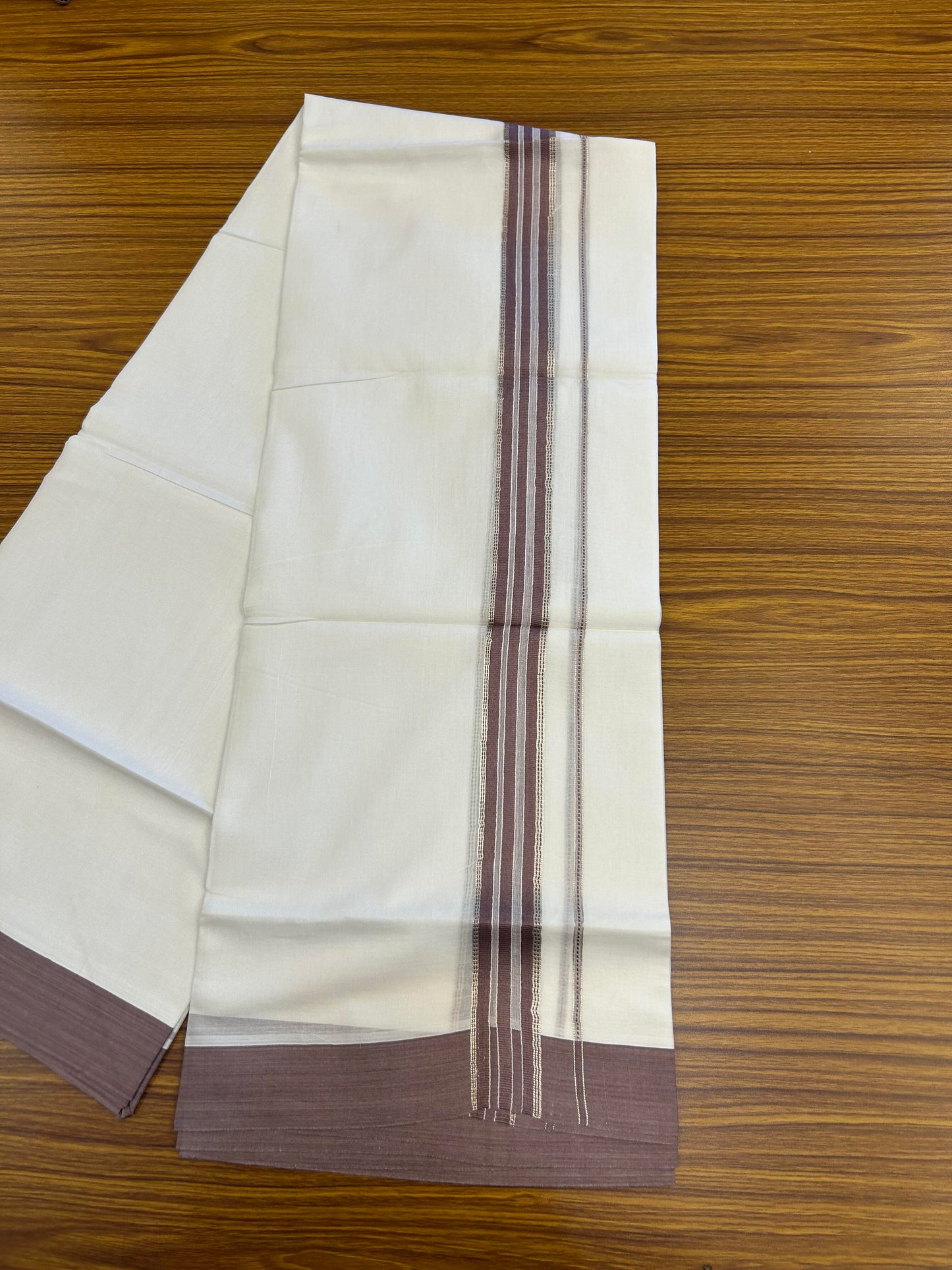 20% Discount ! Kaitharikada Balaramapuram 100% Cotton Pure White Double Mundu/Dothi - 100x80 - 1.5 inch Silver Kasav & Purple Brown Striped Kara 3.90 m (8 muzham) - 71 KK5364 MC
