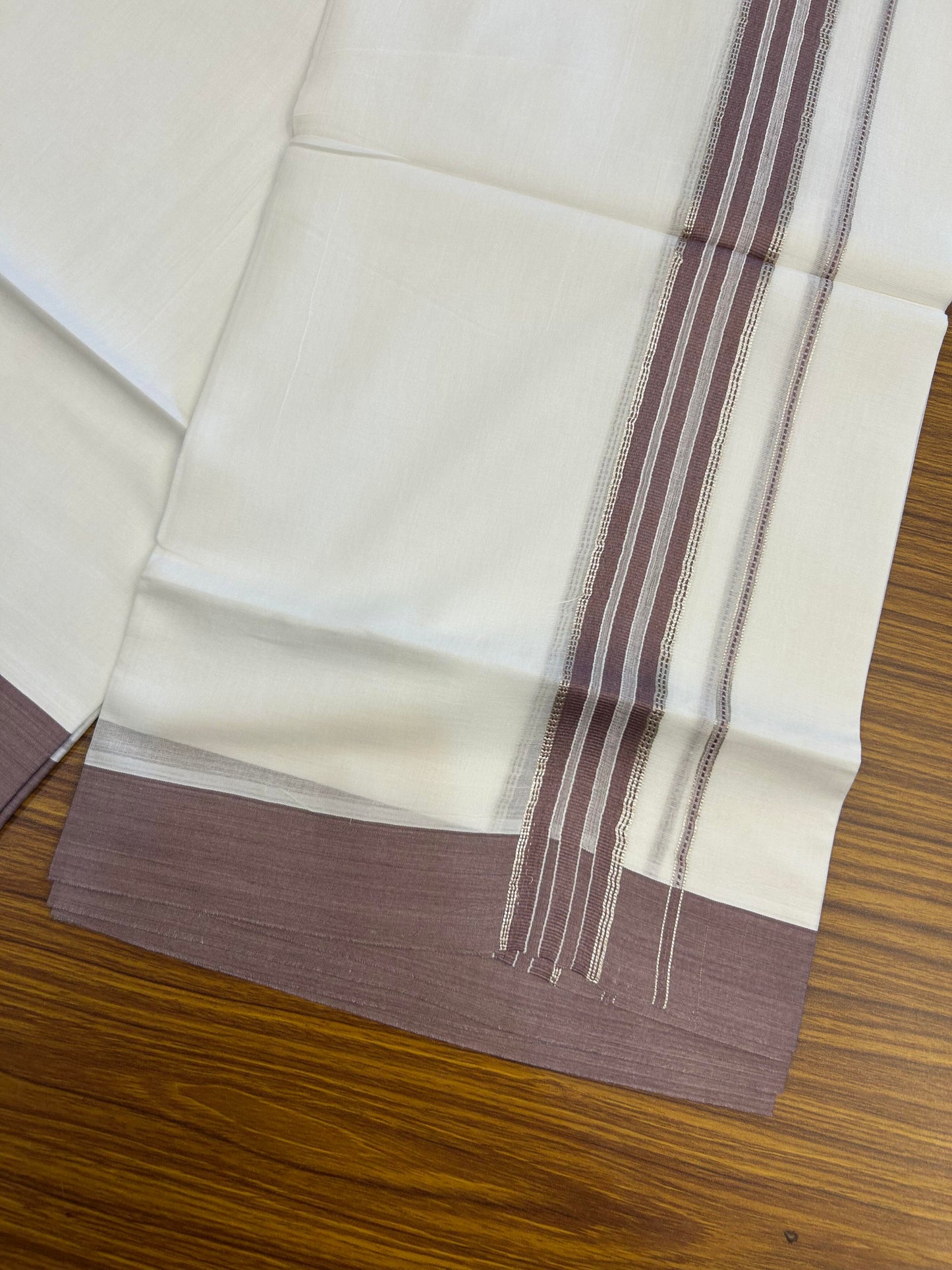 20% Discount ! Kaitharikada Balaramapuram 100% Cotton Pure White Double Mundu/Dothi - 100x80 - 1.5 inch Silver Kasav & Purple Brown Striped Kara 3.90 m (8 muzham) - 71 KK5364 MC
