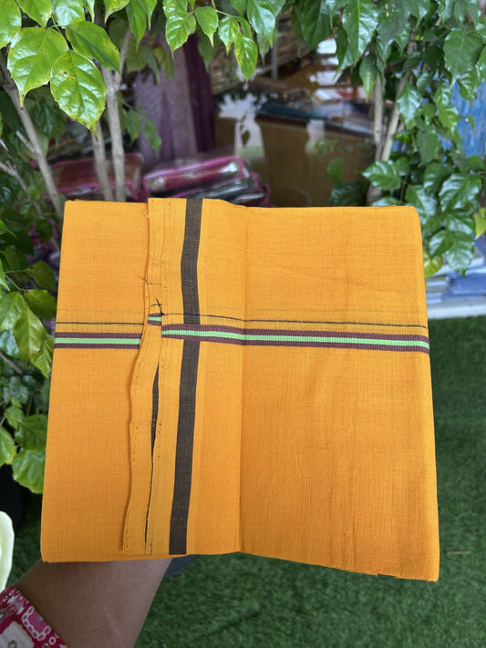 Handloom Single Hallmarked - 10% Discount !! KaithariKada 100% Pure Cotton - Mundu/Dhoti 1 cm Brown Green Kara with Light Orange colour Body - (2 meter / 4 muzham) - 20 KK8044 ELA