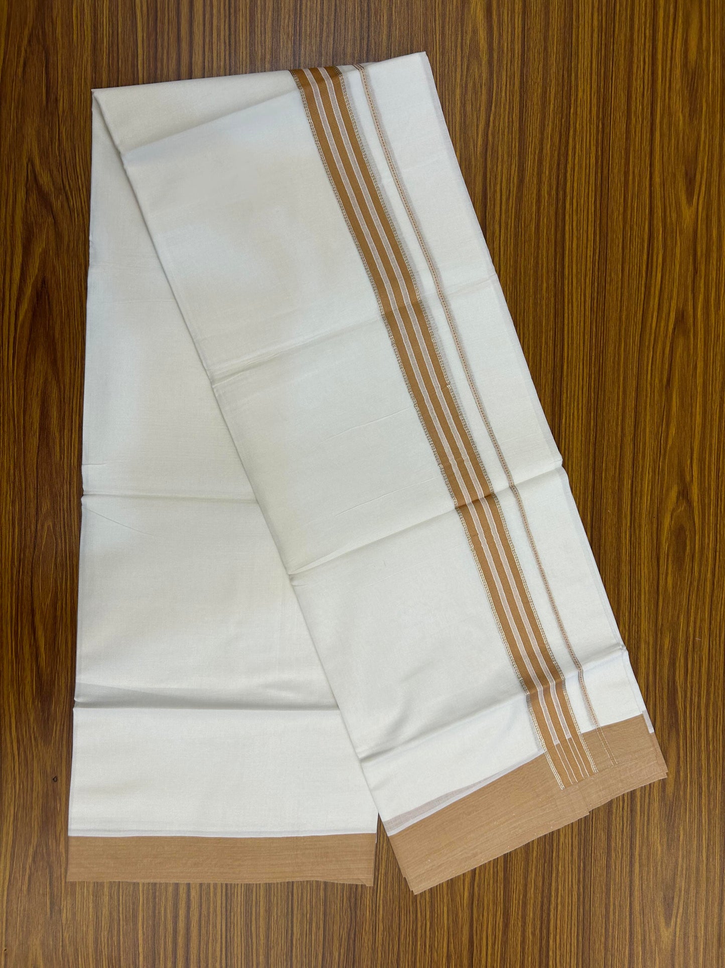 20% Discount ! Kaitharikada Balaramapuram 100% Cotton Pure White Double Mundu/Dothi - 100x80 - 1.5 inch Silver Kasav & Cinnamon Brown Striped Kara 3.90 m (8 muzham) - 73 KK5364 MC