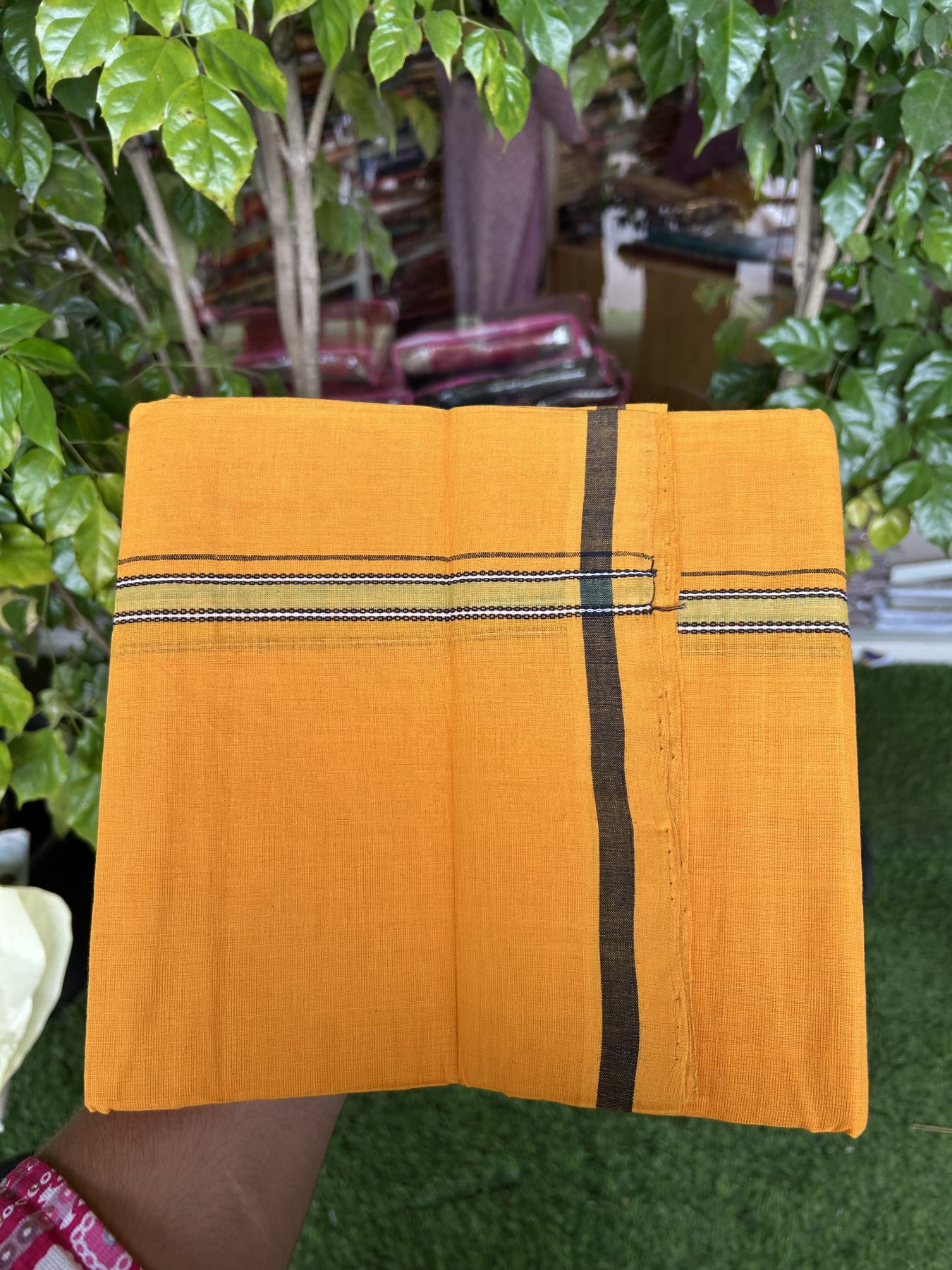 Handloom Single Hallmarked - 10% Discount !! KaithariKada 100% Pure Cotton - Mundu/Dhoti 0.75 inch Black Green Striped Kara with Light Orange colour Body - (2 meter / 4 muzham) - 19 KK8044 ELA