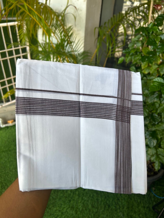 20% Discount ! Kaitharikada Balaramapuram 100% Cotton PURE WHITE Double Mundu/Dothi - 100x80 - 1.25 inch Chocolate Brown Shaded Design Striped Kara - 69KK5182VAS