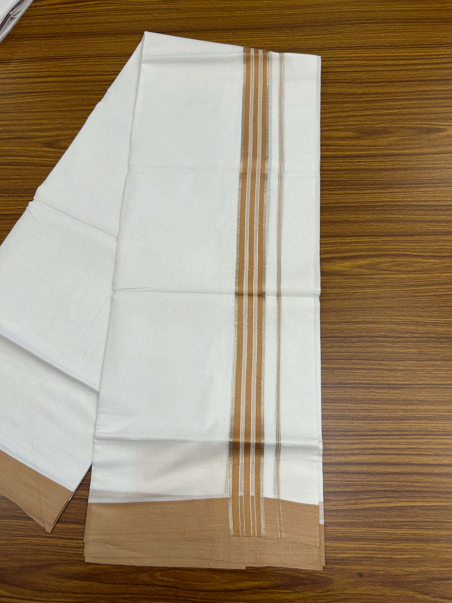 20% Discount ! Kaitharikada Balaramapuram 100% Cotton Pure White Double Mundu/Dothi - 100x80 - 1.5 inch Silver Kasav & Cinnamon Brown Striped Kara 3.90 m (8 muzham) - 73 KK5364 MC