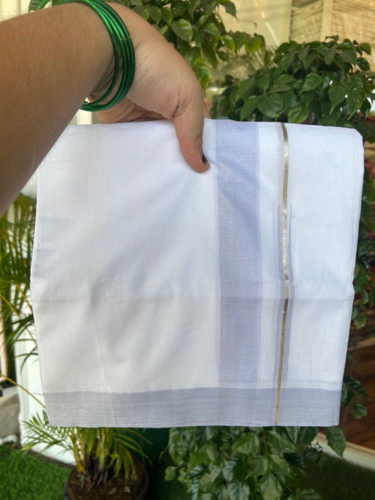 20% Discount ! Kaitharikada Balaramapuram 100% Cotton PURE WHITE Double Mundu/Dothi - 100x80 - 1.25 inch Silver Kasavu & Light Steel Blue Shaded Chutty Kara - 70KK5182VAS