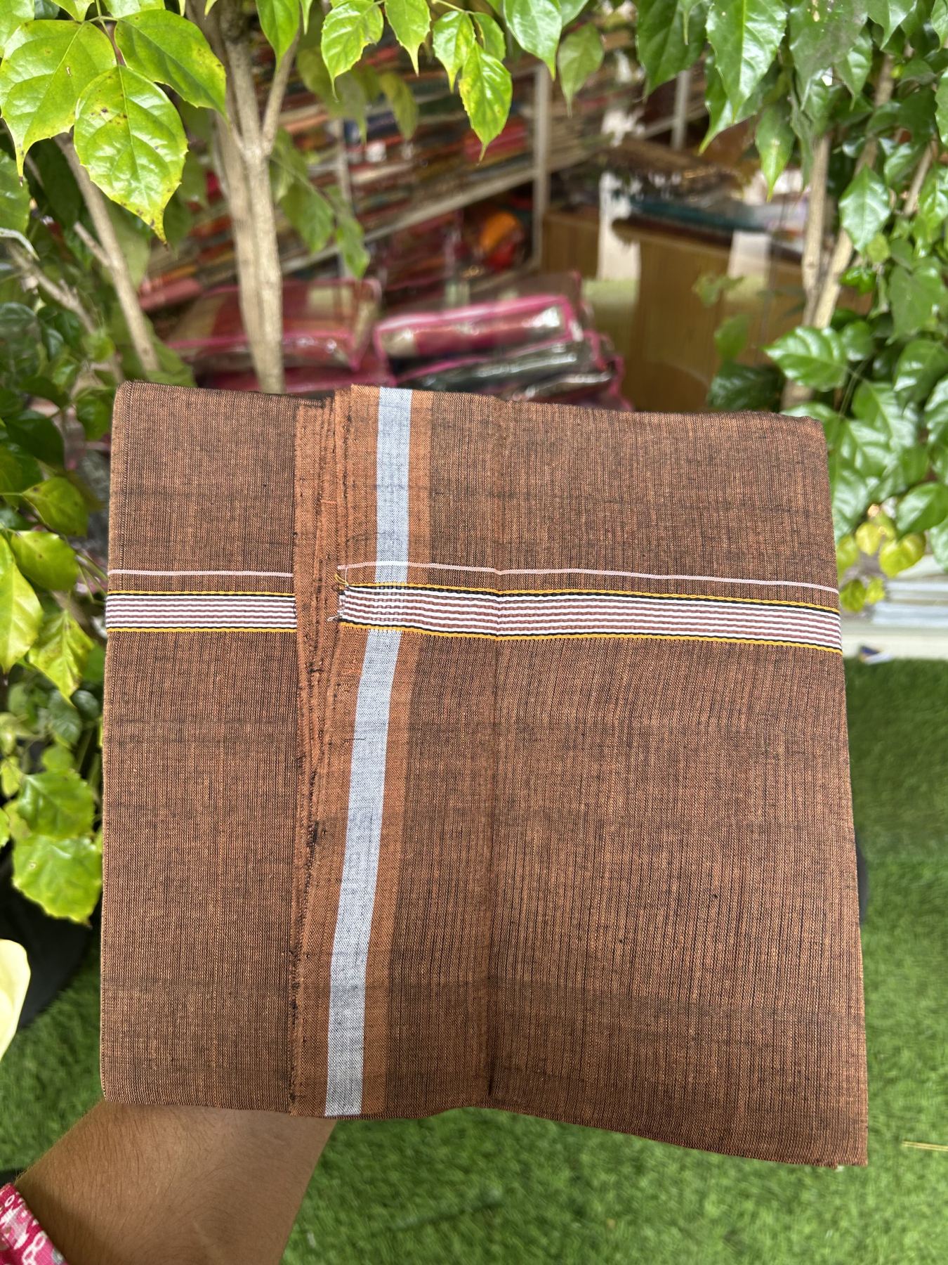 Handloom Single Hallmarked - 10% Discount ! KaithariKada 100% Pure Cotton - Mundu/Dhoti 0.5 inch Light Orange & White striped Kara with Brown colour Body - (2 meter / 4 muzham) - 78 KK8044 ELA