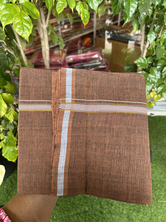 Handloom Single Hallmarked - 10% Discount ! KaithariKada 100% Pure Cotton - Mundu/Dhoti 0.5 inch Light Orange & White striped Kara with Brown colour Body - (2 meter / 4 muzham) - 78 KK8044 ELA
