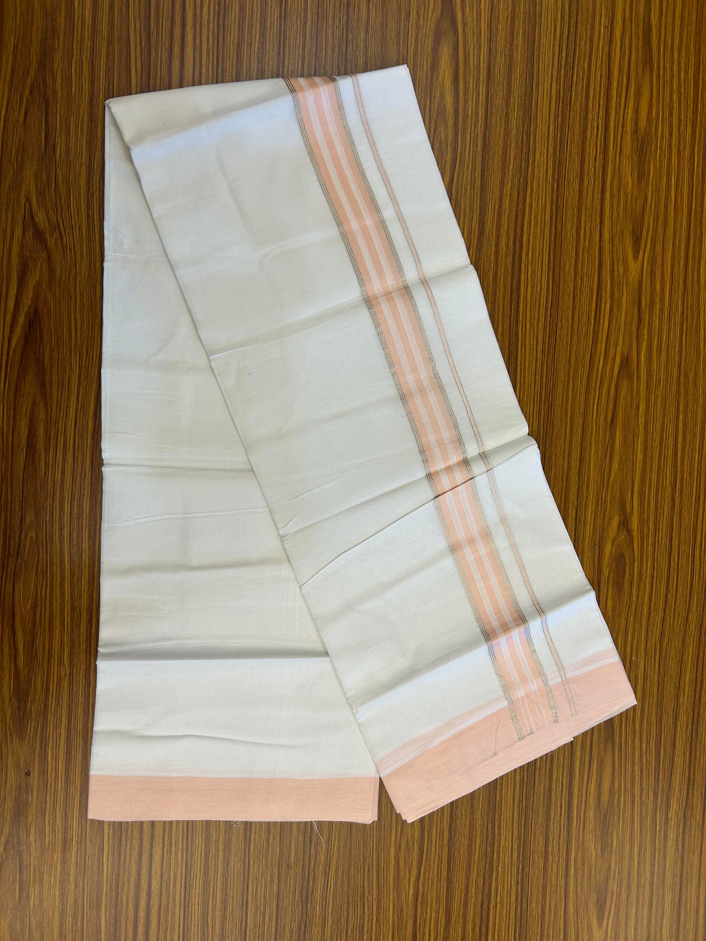 20% Discount ! Kaitharikada Balaramapuram 100% Cotton Pure White Double Mundu/Dothi - 100x80 - 1.5 inch Silver Kasav & Peach Striped Kara 3.90 m (8 muzham) - 67 KK5364 MC