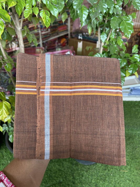 Handloom Single Hallmarked - 10% Discount ! KaithariKada 100% Pure Cotton - Mundu/Dhoti 0.5 inch Light Orange & White striped Kara with Brown colour Body - (2 meter / 4 muzham) - 79 KK8044 ELA