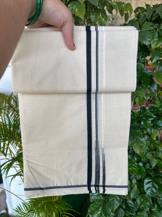 27% DISCOUNT!! KaithariKada Balaramapuram 100% Cotton off white Double - (Unbleached) Mundu/Dhoti-100x100 - 1 cm Puliyilakkara Black Double Chutty Kara - 4KK5187ASH
