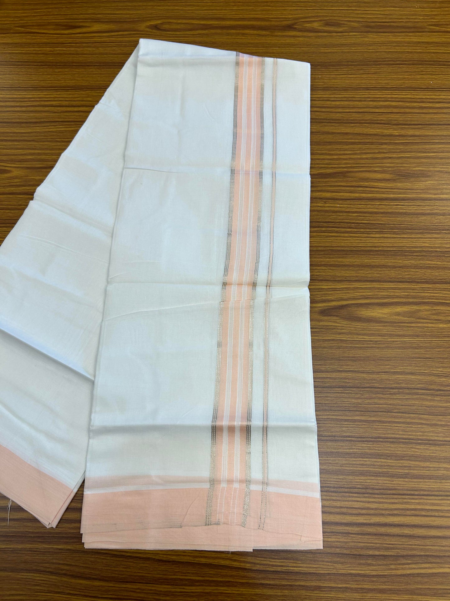 20% Discount ! Kaitharikada Balaramapuram 100% Cotton Pure White Double Mundu/Dothi - 100x80 - 1.5 inch Silver Kasav & Peach Striped Kara 3.90 m (8 muzham) - 67 KK5364 MC