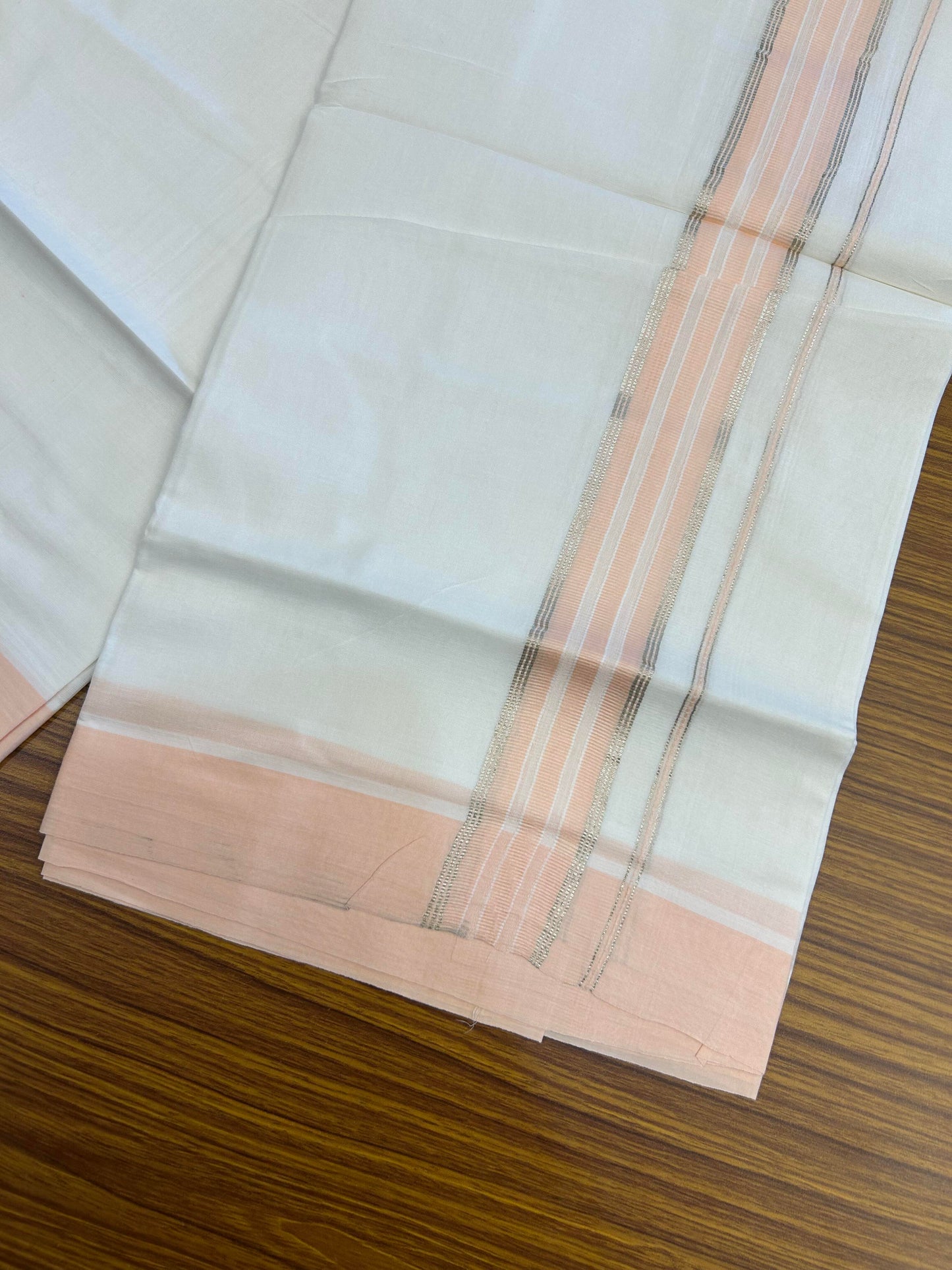 20% Discount ! Kaitharikada Balaramapuram 100% Cotton Pure White Double Mundu/Dothi - 100x80 - 1.5 inch Silver Kasav & Peach Striped Kara 3.90 m (8 muzham) - 67 KK5364 MC