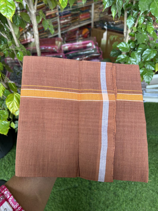 Handloom Single Hallmarked - 10% Discount ! KaithariKada 100% Pure Cotton - Mundu/Dhoti 0.5 inch Light Orange & White Kara with Kavi colour Body - (2 meter / 4 muzham) - 72 KK8044 ELA