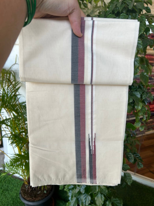 DMK Veshti - 19% DISCOUNT! KaithariKada 100% Cotton off white Double - (Unbleached) Mundu/Dhoti - 100X100 - 1 inch Puliyilakkara Black & Maroon Shaded Chutty kara - 3KK5187ASH