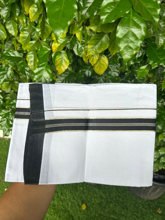 20% Discount ! KaithariKada Balaramapuram 100% Mercerised Cotton Double Ultra Pure white Mundu/Dhoti- 100x80 - 1.5 inch Black & Silver Kasav Striped Kara - 4mtr ( 8 muzham) - 2 KK5237 PMC