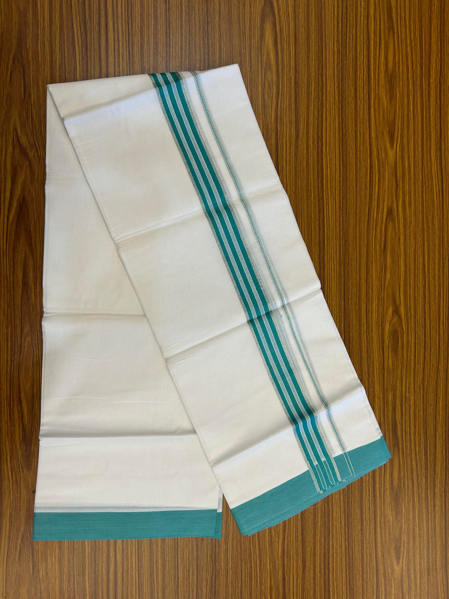 20% Discount ! Kaitharikada Balaramapuram 100% Cotton Pure White Double Mundu/Dothi - 100x80 - 1.5 inch Silver Kasav & Persian Green Striped Kara 3.90 m (8 muzham) - 64 KK5364 MC