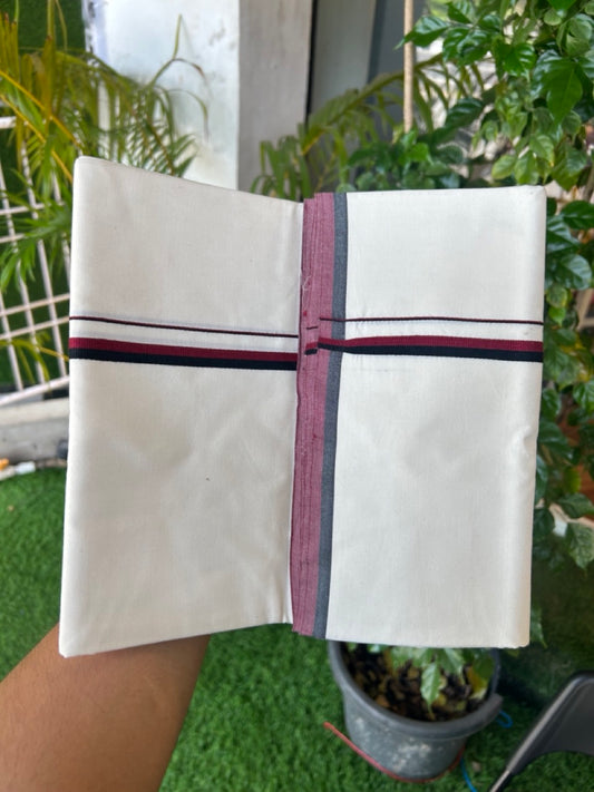 DMK Veshti - 17% DISCOUNT ! KaithariKada Balaramapuram 100% COTTON SINGLE OFF WHITE - (Unbleached) Mundu/Dhoti- 100X100 - 1 cm Maroon & Black Kara (2 metre /4 muzham) - 2KK5187ASH