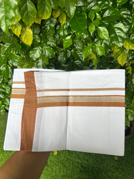 20% Discount ! KaithariKada Balaramapuram 100% Mercerised Cotton Double Ultra Pure white Mundu/Dhoti- 100x80 - 1.25 inch Brown & Silver Kasav Side Striped Kara - 4mtr ( 8 muzham) - 3 KK5237 PMC