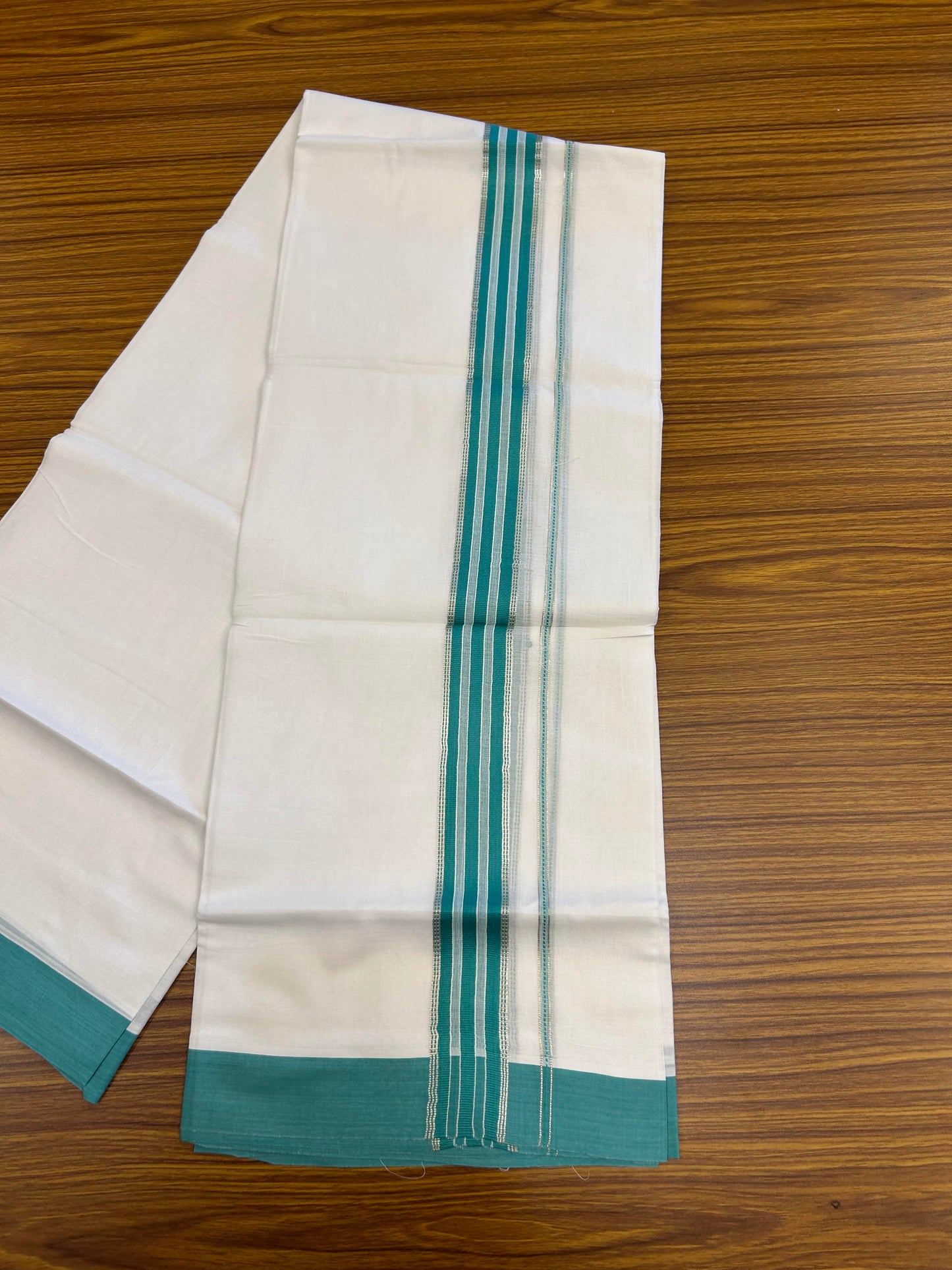 20% Discount ! Kaitharikada Balaramapuram 100% Cotton Pure White Double Mundu/Dothi - 100x80 - 1.5 inch Silver Kasav & Persian Green Striped Kara 3.90 m (8 muzham) - 64 KK5364 MC