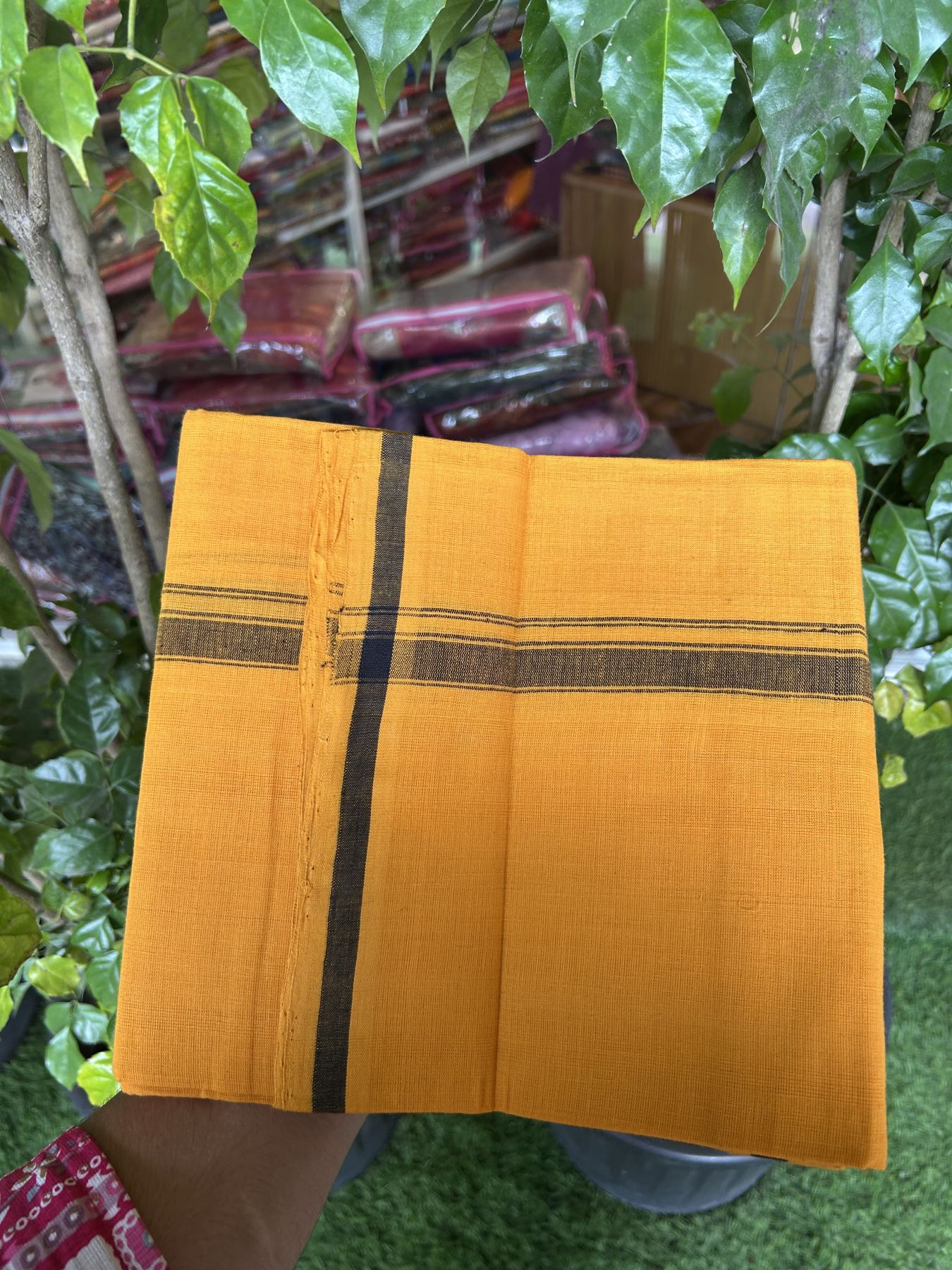 Handloom Single Hallmarked - 10% Discount !! KaithariKada 100% Pure Cotton - Mundu/Dhoti 0.75 inch Black Striped Kara with Light Orange colour Body - (2 meter / 4 muzham) - 18 KK8044 ELA