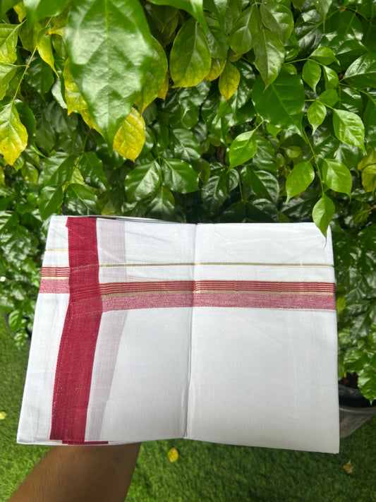 20% Discount ! KaithariKada Balaramapuram 100% Mercerised Cotton Double Ultra Pure white Mundu/Dhoti- 100x80 - 1.25 inch Maroon & Silver Kasav Shaded Striped Kara - 4mtr ( 8 muzham) - 4 KK5237 PMC