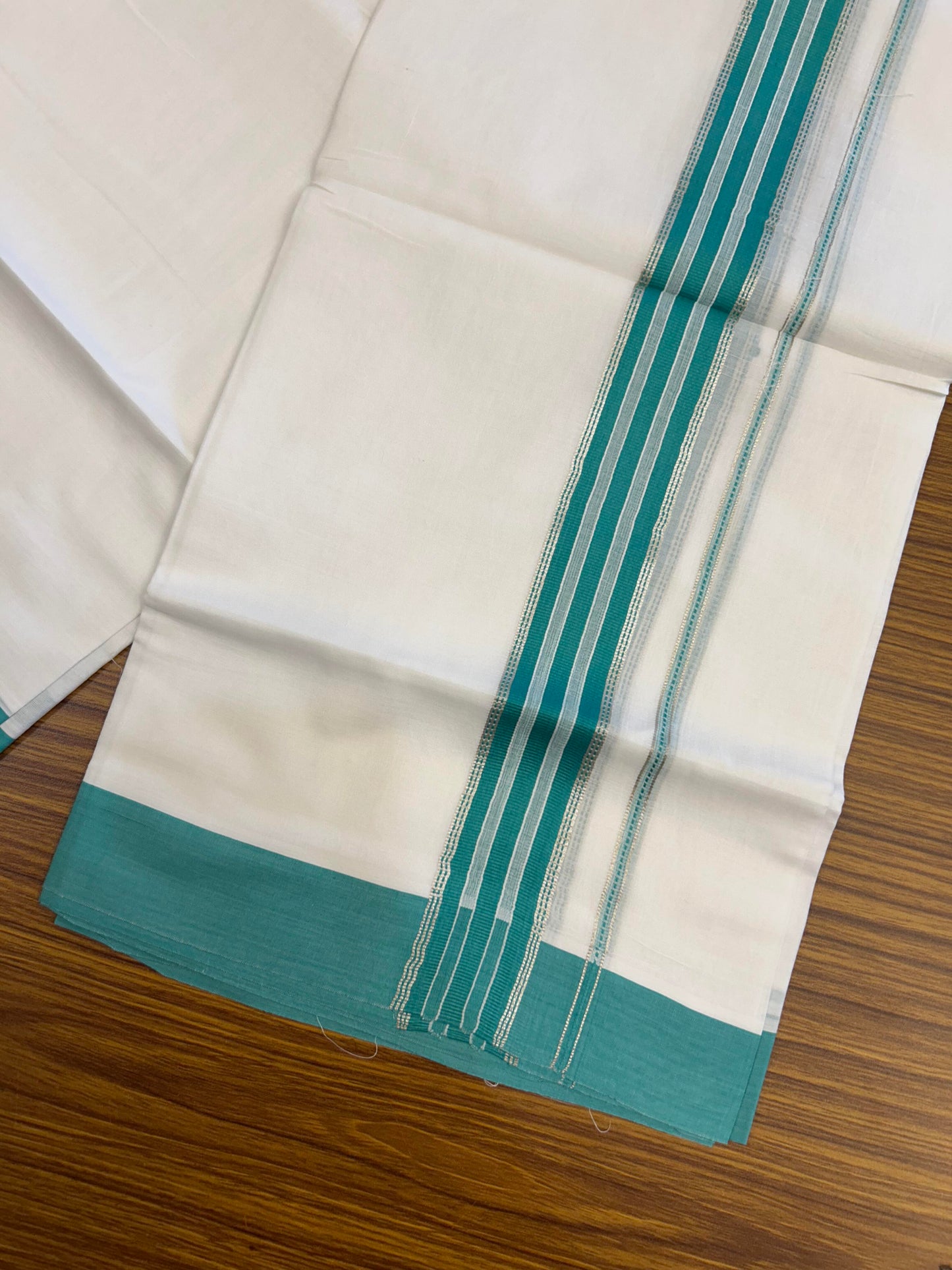 20% Discount ! Kaitharikada Balaramapuram 100% Cotton Pure White Double Mundu/Dothi - 100x80 - 1.5 inch Silver Kasav & Persian Green Striped Kara 3.90 m (8 muzham) - 64 KK5364 MC